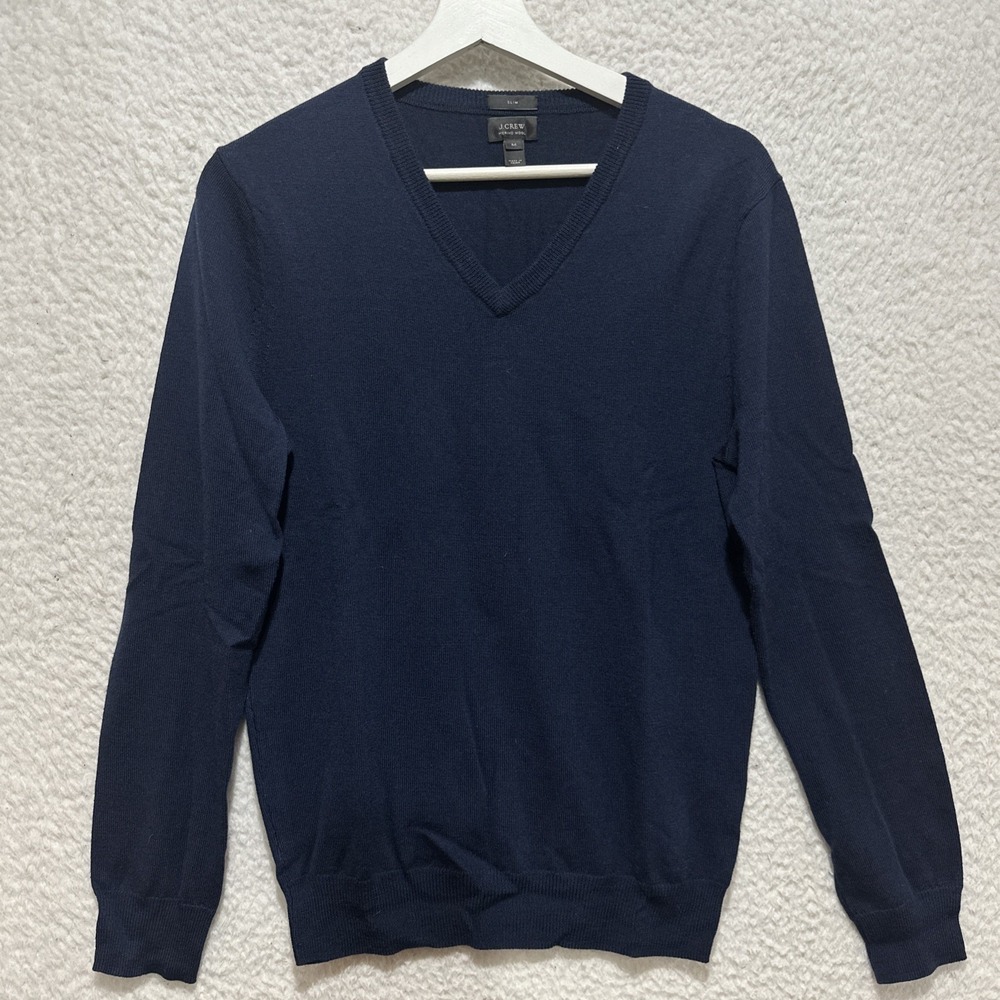 J. Crew Navy Blue Merino Wool Slim Fit V-Neck Sweater Size M